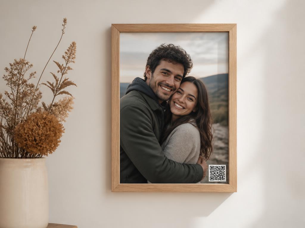 Quadro 15x21 pendurado na parede com QR Code