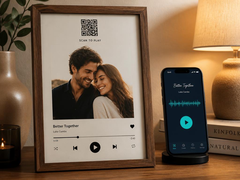 Quadro 20x30 ao lado de celular tocando a música personalizada